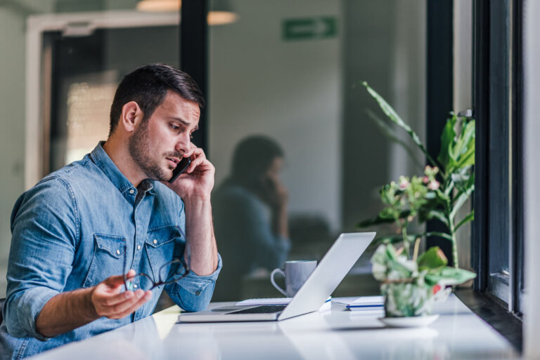 Professional adult man, talking to his client about a new product.